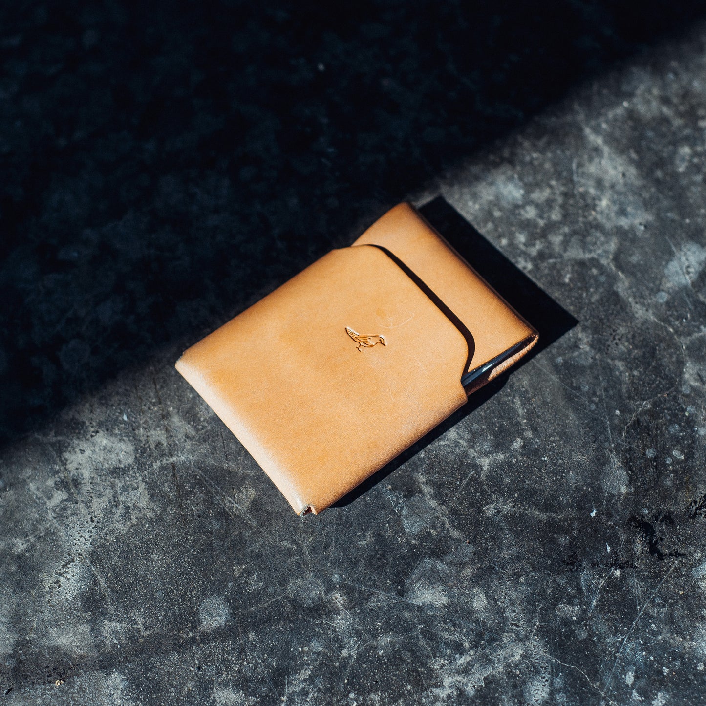 Natural Cash Emerson Wallet neatly filled with bills and cards being held by a man's hand with natural light on a gray floor